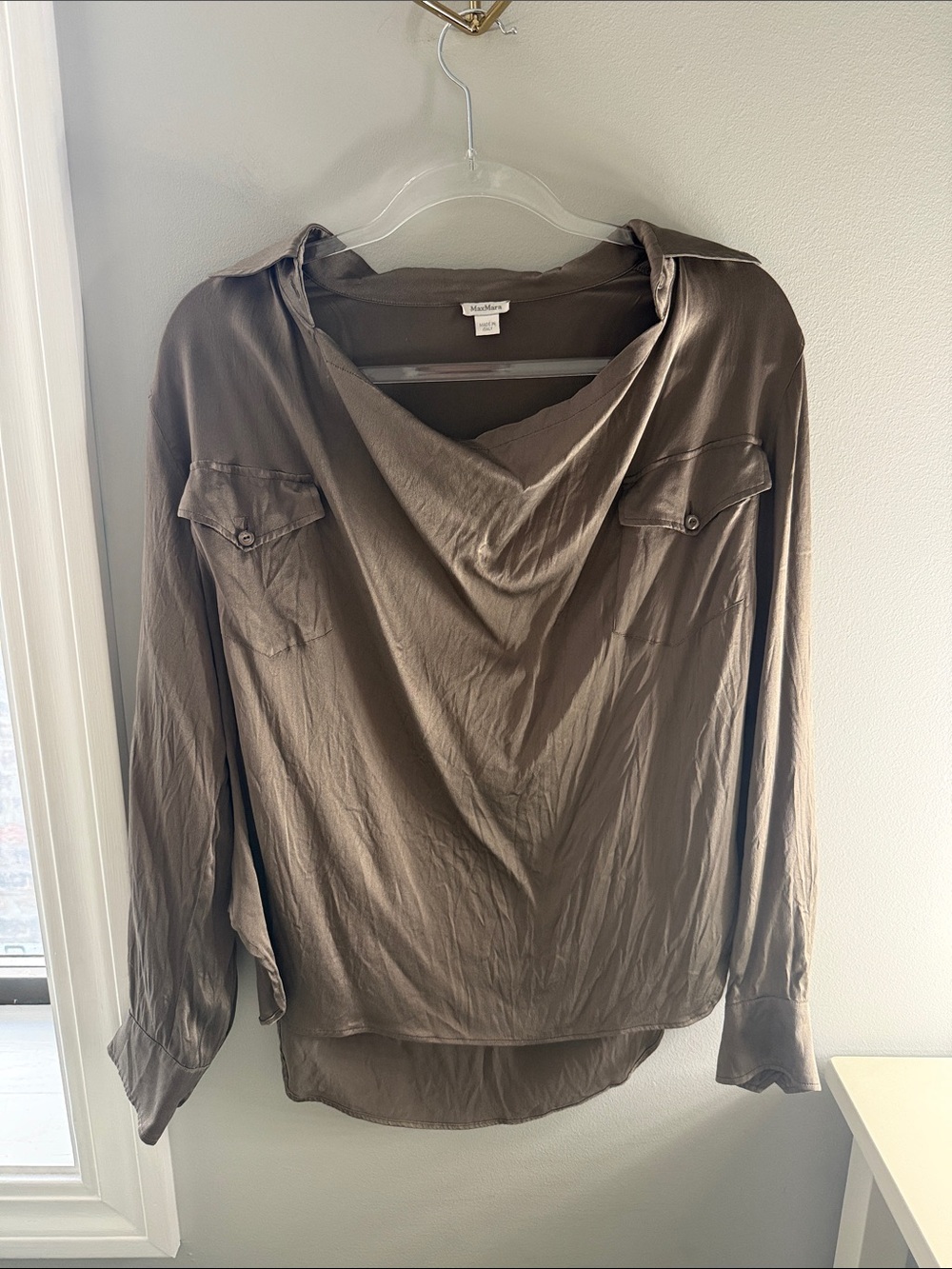 MaxMara Taupe Draped V-Neck Long Sleeve Blouse